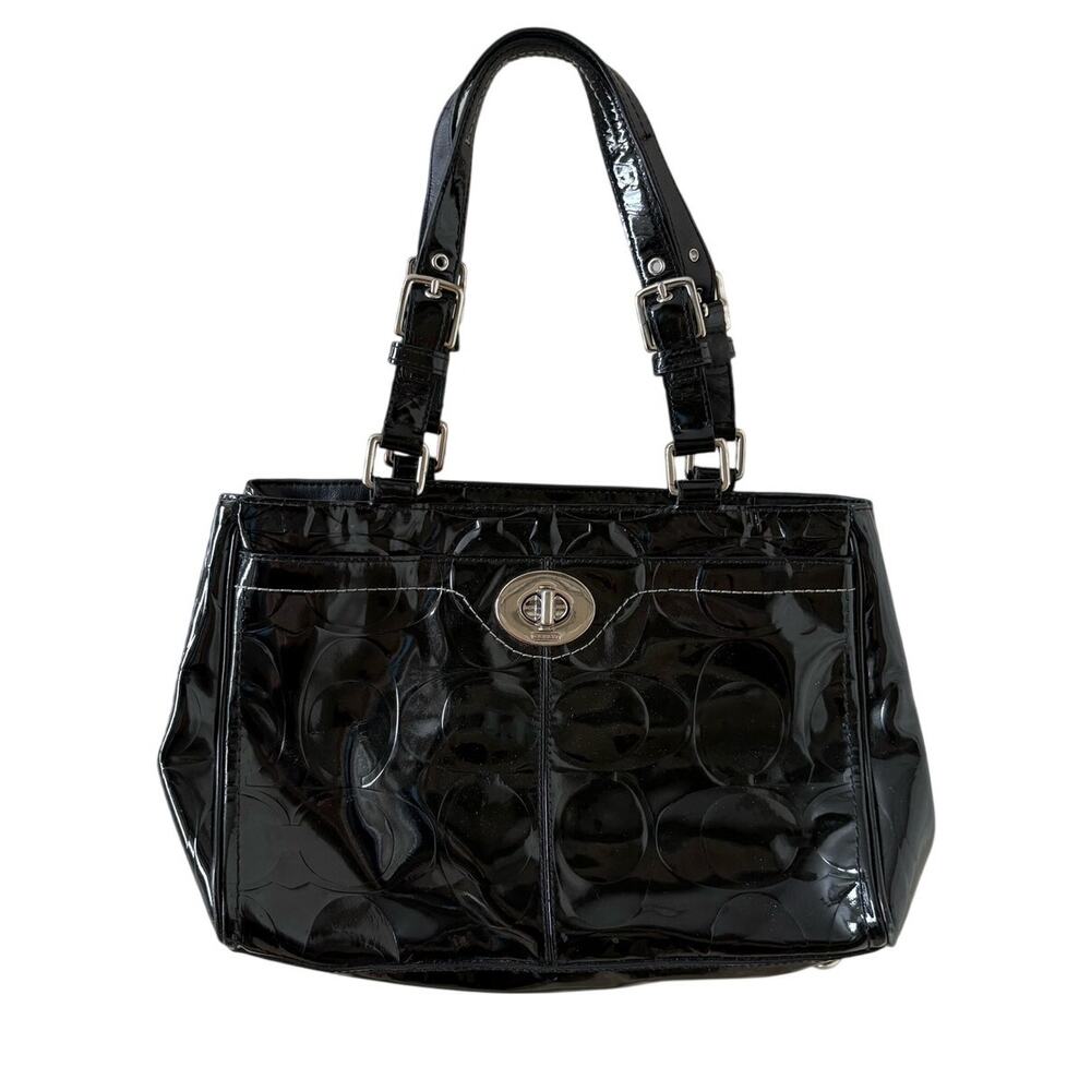 COACH Hamptons Black Patent Leather Embossed Medium Carryall F14413